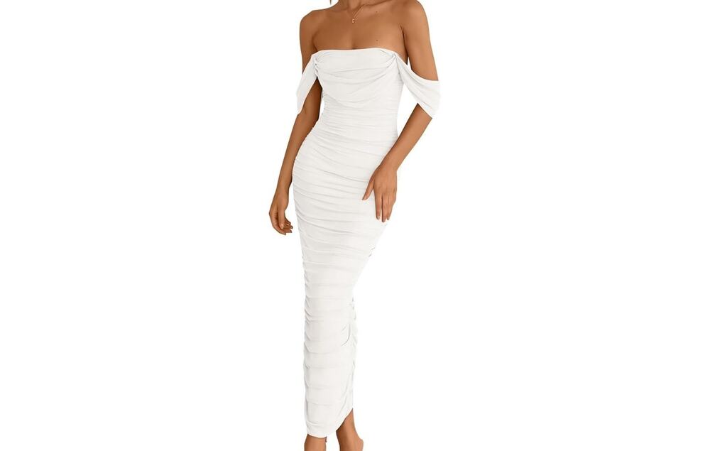 Women's White Off the Shoulder Tube Ruched Bodycon Long Dress Sz Small